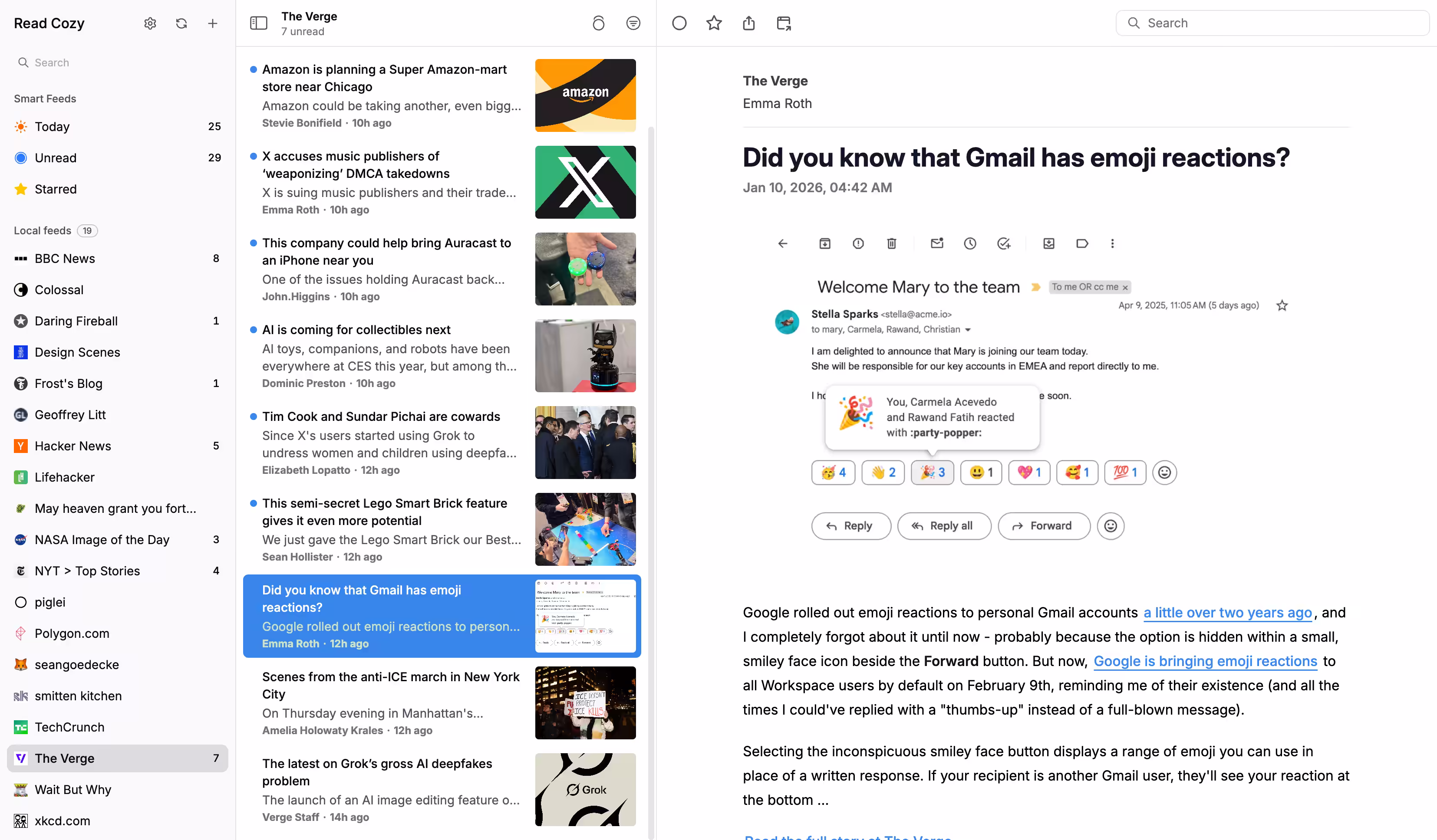 ReadCozy app screenshot showing a clean feed reader interface