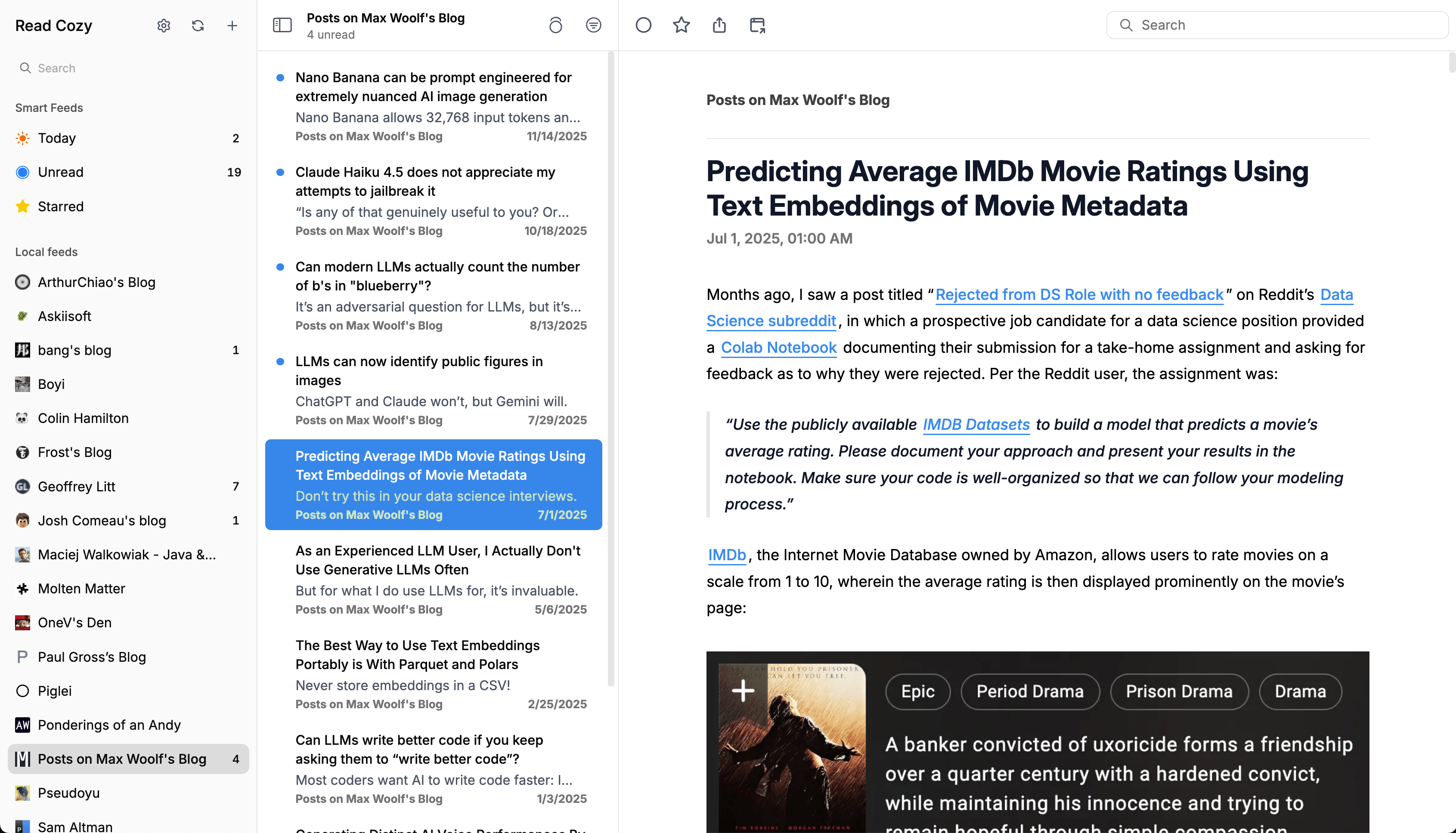 ReadCozy app screenshot showing a clean feed reader interface